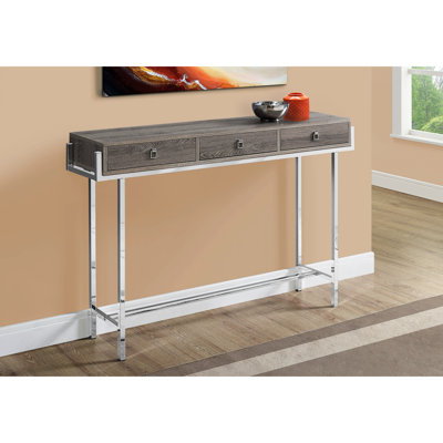 Console décorative pour salon avec rangement - Moderne, stratifié taupe, base solide contemporaine en métal, design moderne stratifié