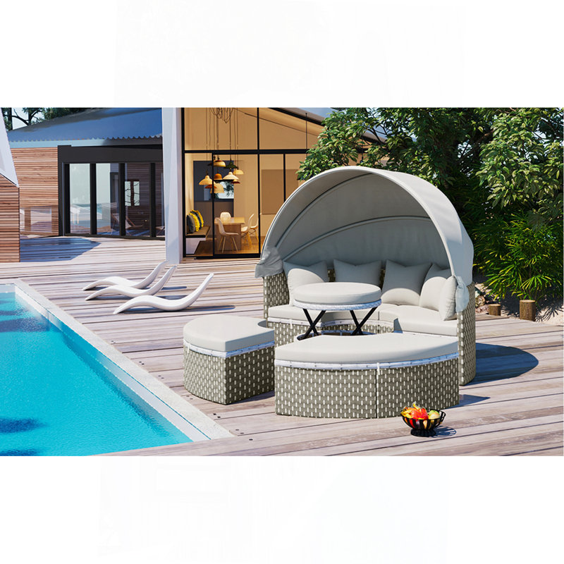 Ensemble de canapé modulaire d'extérieur rond en rotin pour deux personnes, Coussin gris / cadre gris