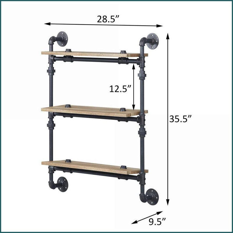 Tablette murale industrielle à 3 niveaux, chêne et amp; Noir sable | Bois et métal | Ouvert à l'arrière