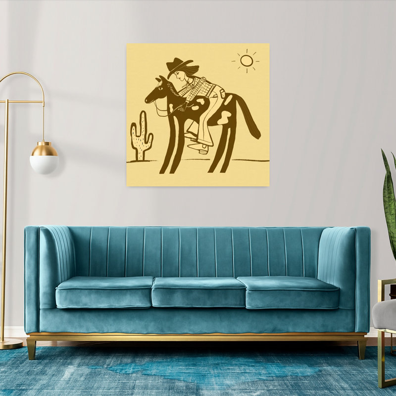 Cowgirl western riding horse 1 Piece Wrapped Canvas Wall Art, 91.44 cm H x 91.44 cm W, Yellow/Brown