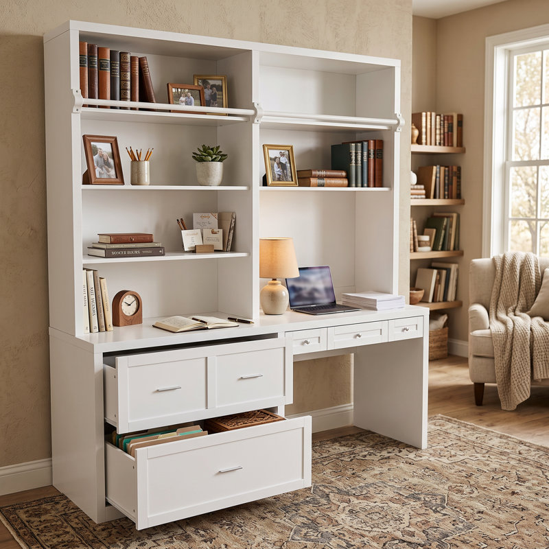 Bureau d'ordinateur Pierce H 86,6 po x l 77,2 po avec rehausse de bibliothèque, tablettes ouvertes, tiroirs de rangement (échelle non incluse)