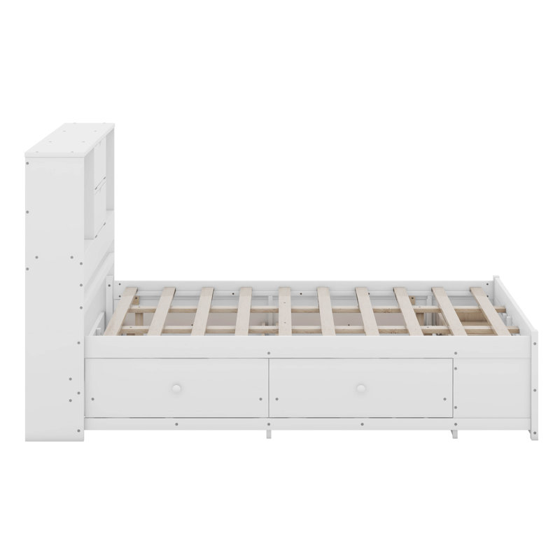 Platform Bed with Storage Headboard And 8 Drawers, Queen, White