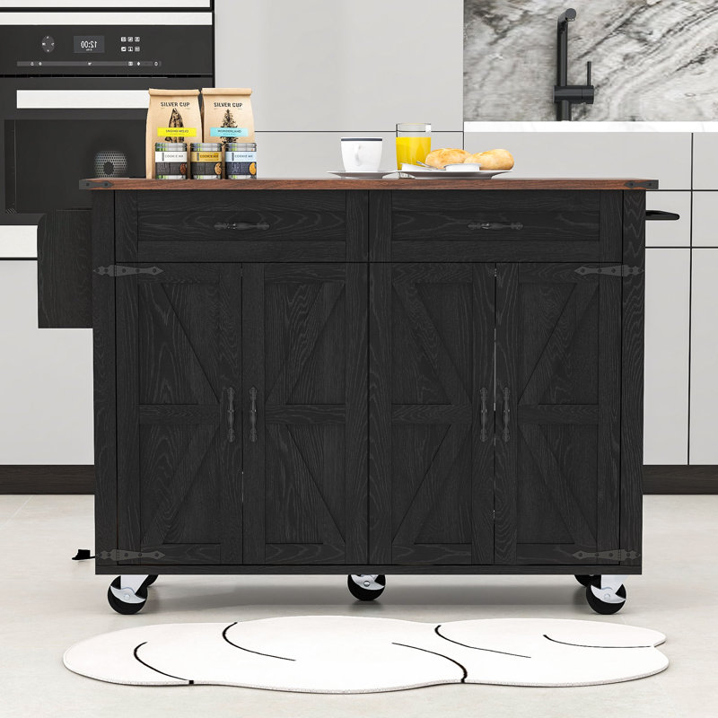 Helmut Rustic Kitchen Island with Built-In Charging Station and Adjustable Shelves, Black