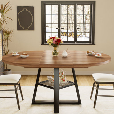 43.3" To 59" Extendable Round/oval Dining Table For 4-8 People, With Removable Leaves, Storage Shelf & Hidden Storage, Space Saving Design For Kitchen