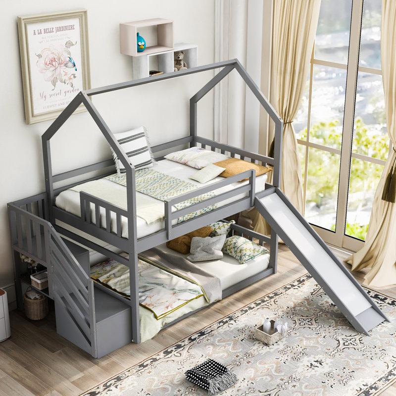 Lit superposé avec glissade convertible House, Gris
