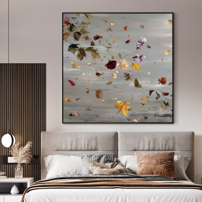 Très grand art mural imprimé - Branche florale flottante avec des pétales dispersés sur fond gris doux «pour le salon ou la chambre à coucher -« Assemblage requis du cadre (cadre non fini) »