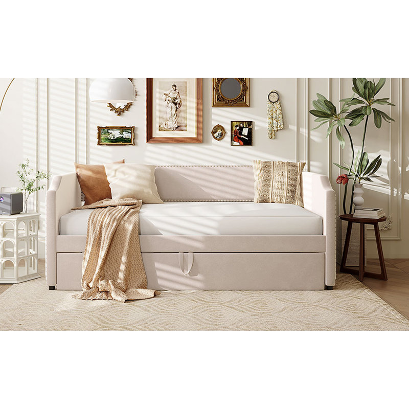 Twin Size Velvet Upholstered Daybed With Pop Up Trundle, Beige