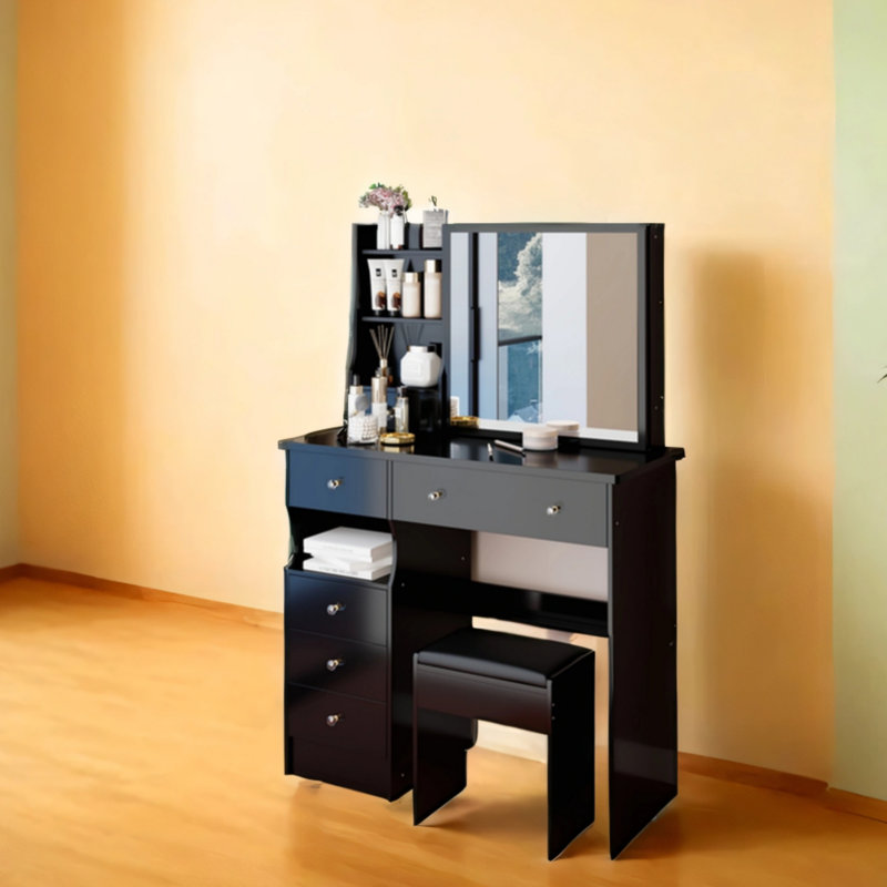 Avec miroir surdimensionné coulissant à droite, commode de bureau moyenne de 37 po avec tabouret rembourré, Noir