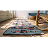Gray Antique American Floral Folk Art Design Hooked Long Hallway Runner Rug