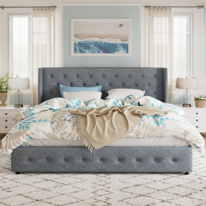 Lit plateforme tapissier avec rangement Bertile, sans sommier tapissier, espace de rangement spacieux, Très grand lit, Jaune
