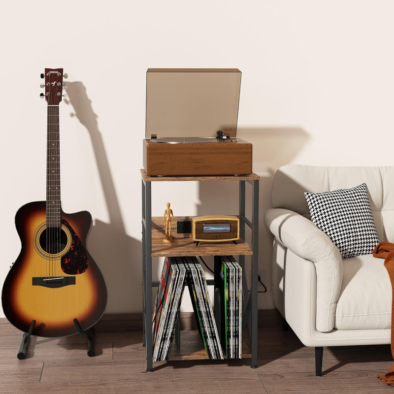 Support pour tourne-disque avec station de charge, table d'appoint à 3 niveaux pour 100 pièces de rangement en vinyle
