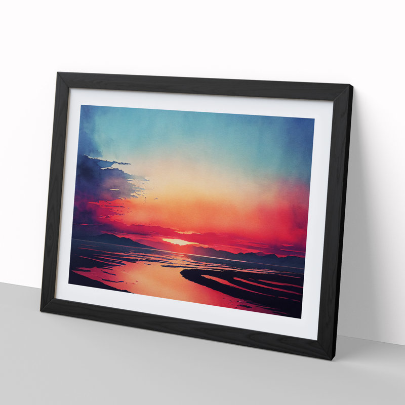 Watercolour Ocean Skyline - Single Picture Frame Painting, Black, 46cm H x 64cm W x 2cm D