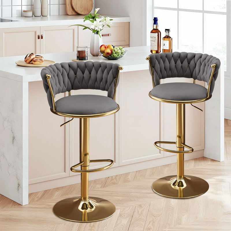 Upholstered Adjustable Height Counter Stool with Metal Frame, Dark Grey