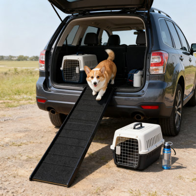 1 x rampe en bois pour animaux de compagnie à mobilité réduite - surface antidérapante, plateforme plate (l 15,75 po x l 11,75 po), naturel / noir, l 74 po x l 16 po x H 25 po, utilisation intérieure pour les chats / chiens âgés / petits