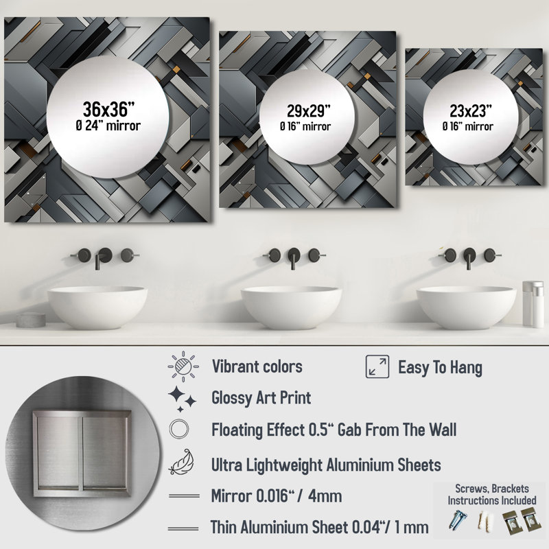 Gris béton symétrique I géométrique - miroir carré moderne pour décoration murale, 36 po x 36 po