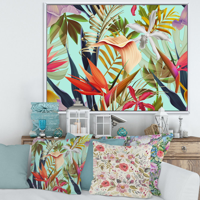 Fleurs tropicales rétro II - Impression sur toile, H 30 po x l 40 po x 1,5 po, Cadre flottant blanc