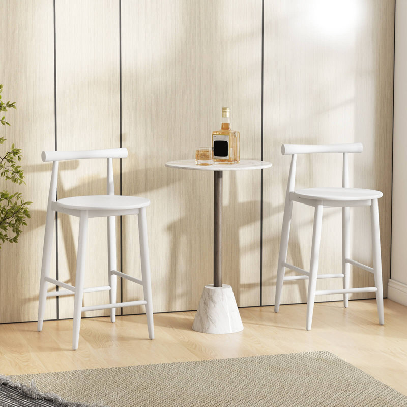 George Oliver Bar Chair Counter Height Stools Set Of 2 With Acacia Wood Frame Supporting Legs White, White