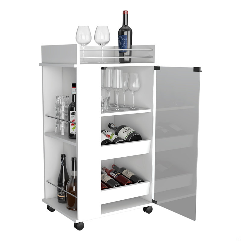 Bar Cart With Casters, Glass Door And 2-Side Shelf, White
