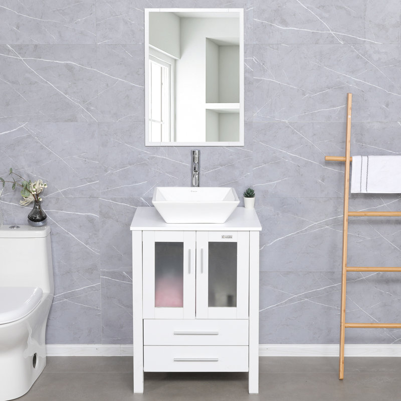  Ensemble de meuble-lavabo simple 24 po avec lavabo vasque en céramique, plateau en bois manufacturé, Blanc, Blanc