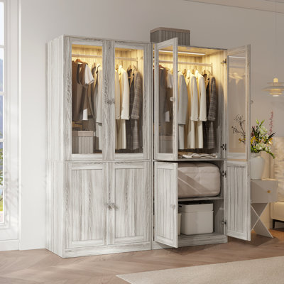 74.8" H 2-glass Door Wardrobe Armoire, Wardrobe Closet With Smart Led Light, Hanging Bar, And 2 Storage Shelves (set Of 2)