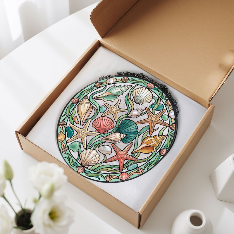 Panneau de fenêtre en verre coloré Seashell Starfish - 7,8 heures, H 7,8 po
