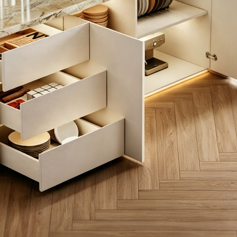 Îlot de cuisine en marbre pré-assemblé avec armoire vitrée, tiroirs et rangement - Table de salle à manger multifonctionnelle