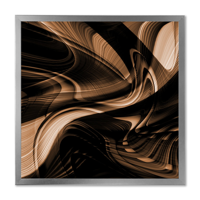 Art abstrait abstrait vague brune - art mural moderne sur toile, H 16 po x l 16 po x P 1 po, Cadre photo argenté