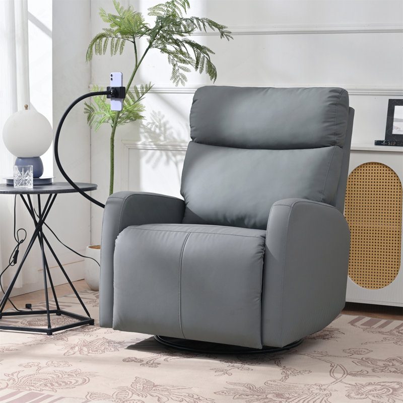 270° Power Swivel Rocker Recliner Chair with USB Ports, Blue Gray Faux Leather