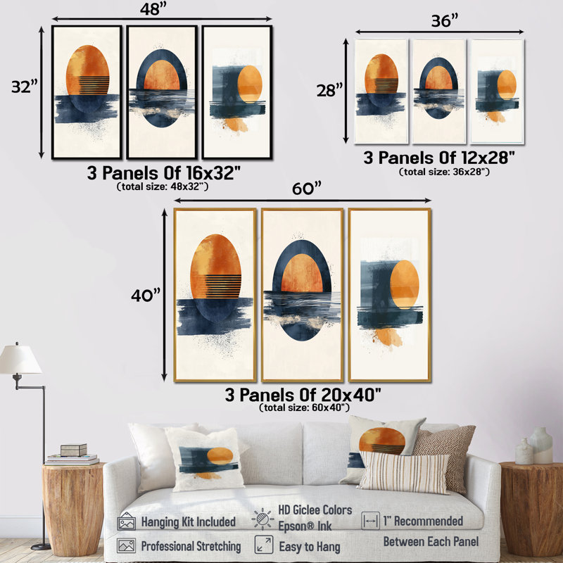 «Geometric Blue and Orange Sunrise Symmetry I», collection d'art mural moderne, H 40 po x l 60 po, Brun