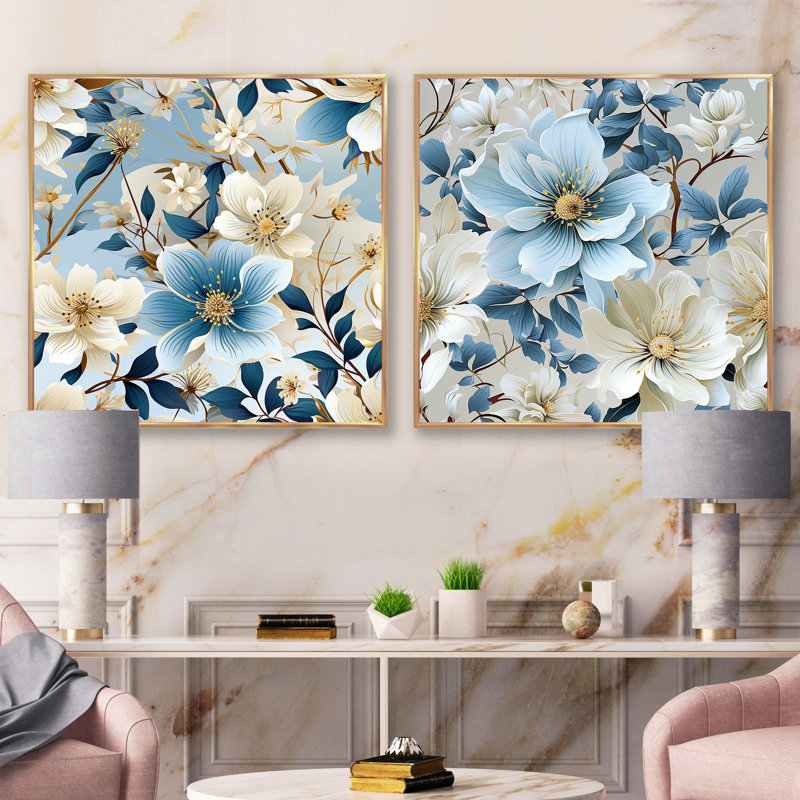 Gamache - Ensemble de 2 collages carrés floraux, H 16 po x l 33 po, Cadre flottant doré