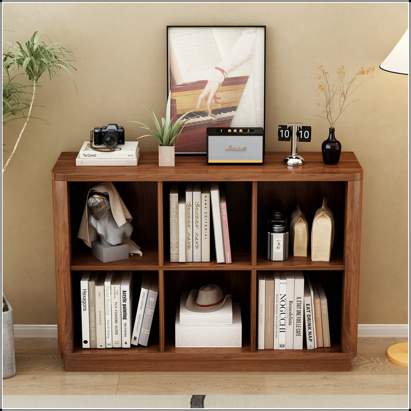 Bibliothèque à 6 cubes, tablette horizontale basse de 40 pouces de large avec bord courbé, bibliothèque en bois à 2 niveaux pour un décor de maison de campagne moderne