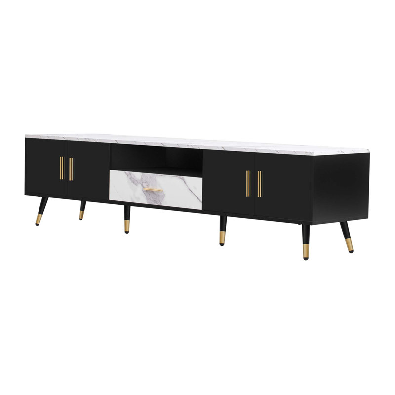Meuble télé 71 po avec 2 armoires et compartiments ouverts, meuble télé pour téléviseur de 80 po ou moins, console de télévision