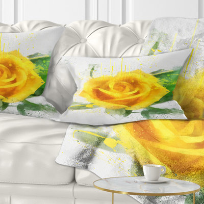 Yellow Rose with Green Leaves Sketch - Floral Printed Throw Pillow
