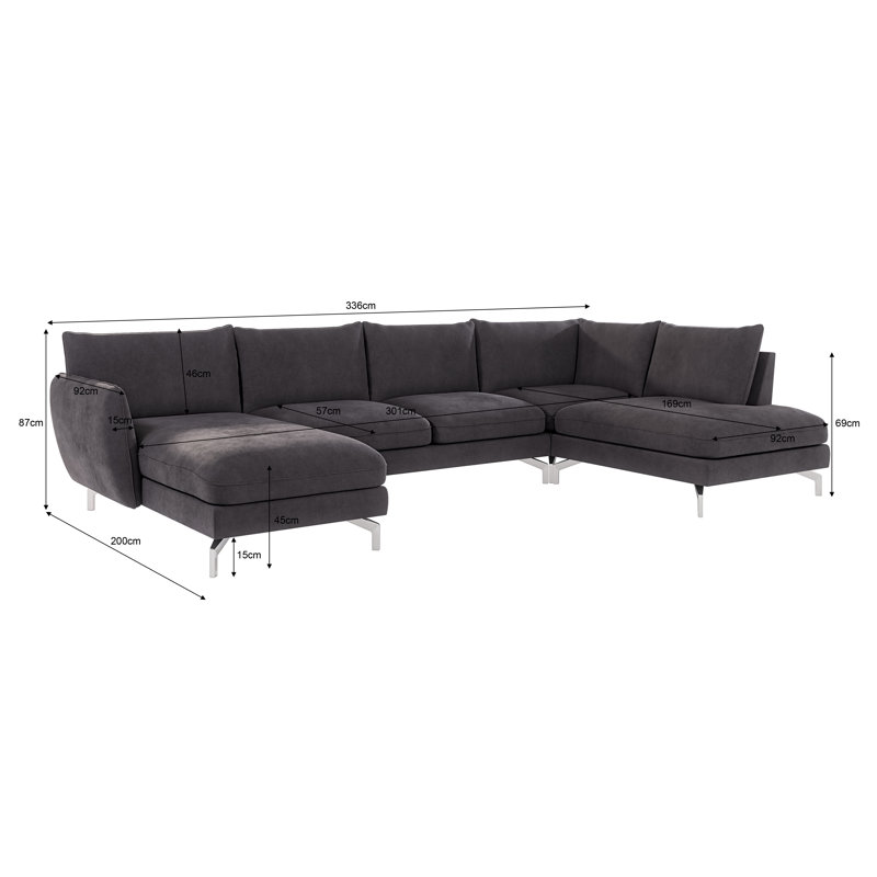 Modern U-Shape Kimo Corner Sofa with Silver Metal Legs, Graphite, Left Hand Facing