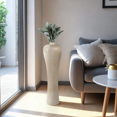 Modern Casual Stoneware Vase with Sculptural Curved Silhouette and Textured Vertical Detailing for Contemporary Decorative Accent in Entryway or Living Room Decor