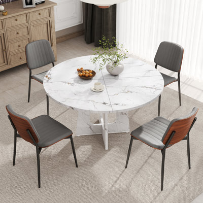 47'' Round Dining Table Set, Farmhouse Kitchen Table With Modern Faux Leather Chairs