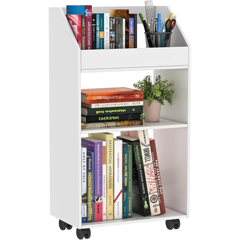 3-Tier Mobile Bookshelf, White Bookcase With Wheels, Rolling Fil...