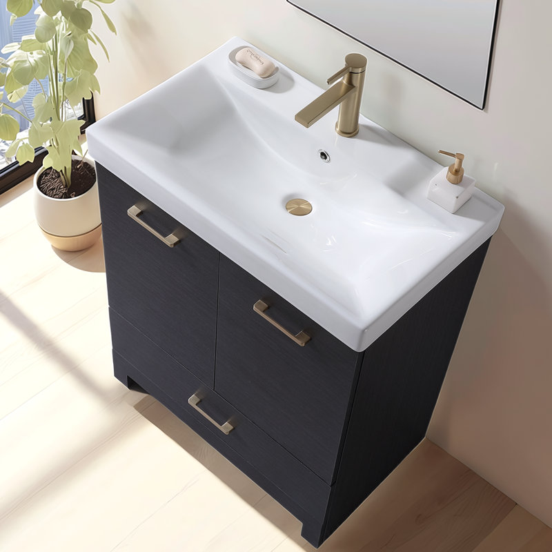 30” Modern Black Single Free-standing  Bathroom Vanity With Ceramic Sink