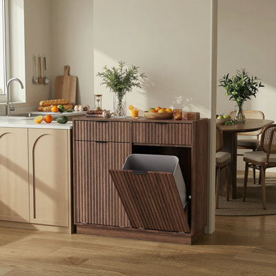 Double Tilt-Out Trash Cabinet, Laundry Hamper Cabinet with 2 Drawers,Wave-Textured Front,Walnut