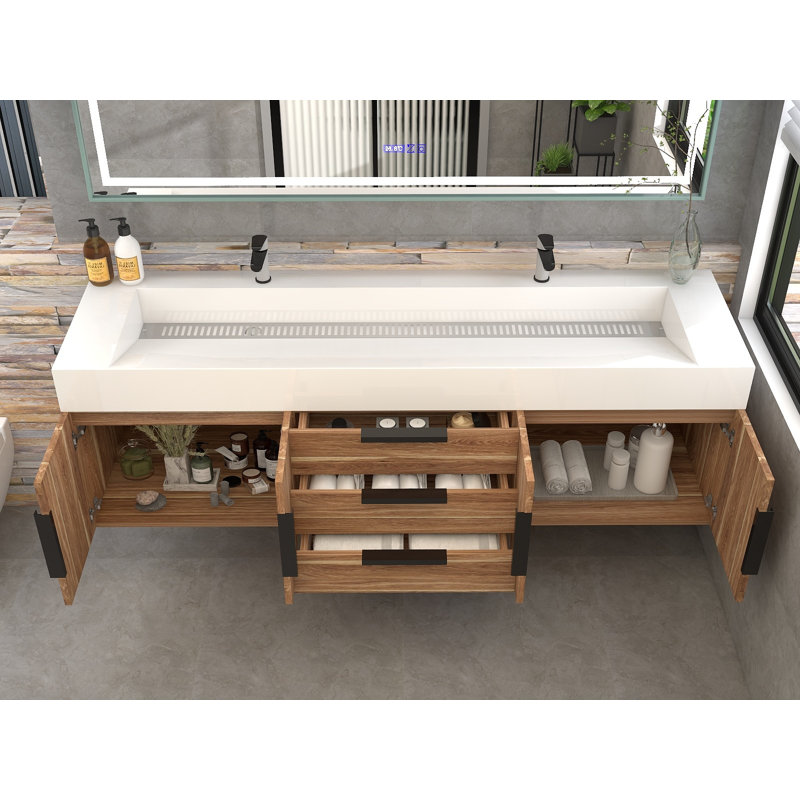 Jessica 72'' Wall-Mounted Single Bathroom Vanity, Natural Oak