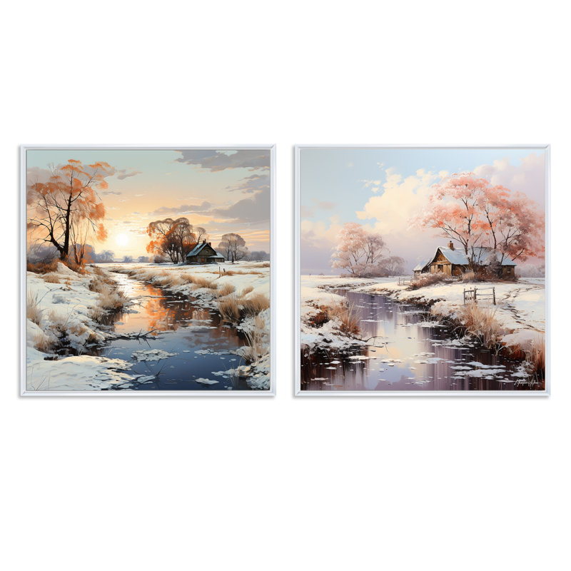 Farm and River Winter Scenery - Farmhouse Square, Cadre flottant blanc, H 16 po x l 33 po