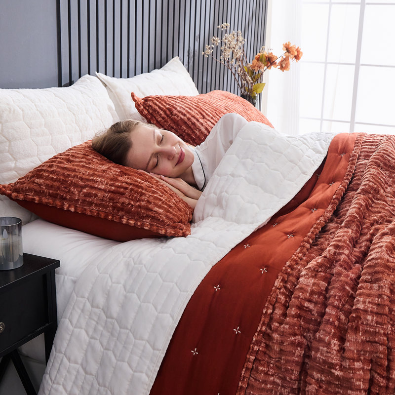 Burnt Orange Velvet Full Quilt Set with Embroidery