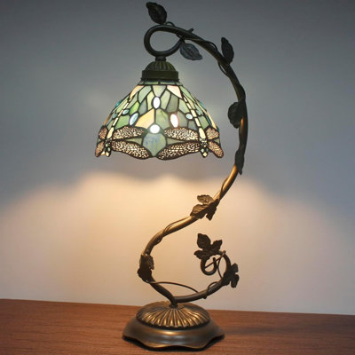Lampe de table 20 po en forme de libellule en verre coloré - large lampe de bureau de style Tiffany bleu mer de 8 po avec base en métal à motif de feuilles pour la chambre à coucher et le bureau personnel (ampoule à DEL incluse)