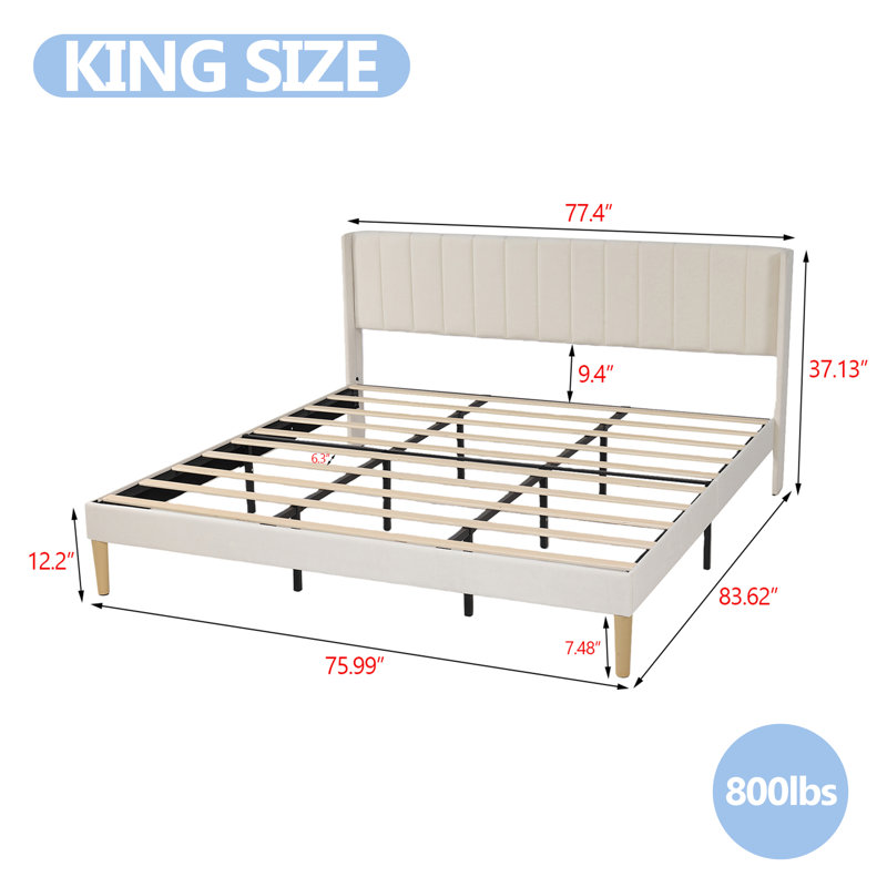 Upholstered Platform Bed Frame With Wingback, Beige, King