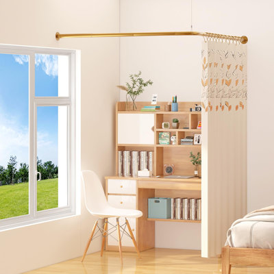 L Shaped Corner Shower Curtain Rod, 39" - 69" x 55" - 85" Adjustable 90 Degree Curved Bathroom Rod Square Rail No Sag with 12 Hooks & Ceiling Support - Gold