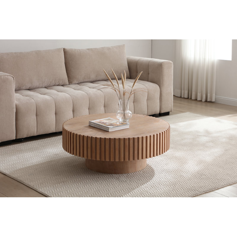 Table basse ronde de 35,4 po, table basse cylindrique en bois moderne, conception circulaire fabriquée à la main, assemblage facile, chêne pour le salon