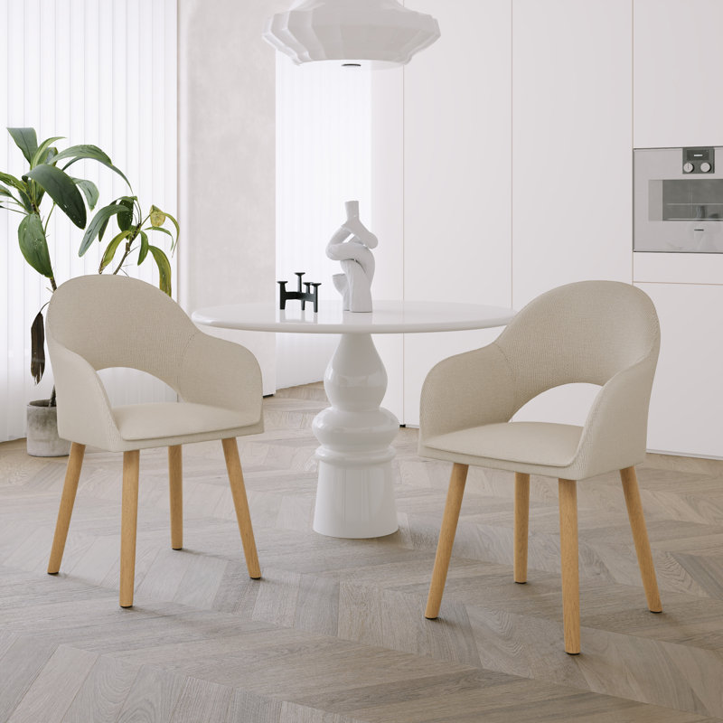 49.5cm H Luxury Fabric Upholstered Dining Chair with Wooden Legs, Beige Linen/Natural, 2