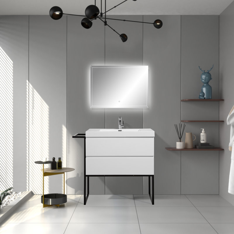Etha 36 po L x 19 po P 2 tiroirs Meuble-lavabo autoportant avec évier simple et Comptoir en Acrylique blanc