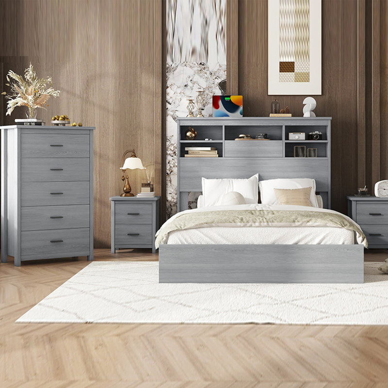 Rustic Charm Meets Everyday Function – 4-Piece Queen Bedroom Set In Light Gray