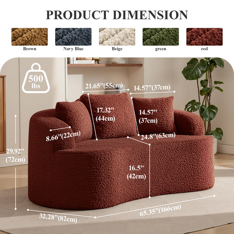 Boneless 65.4" Plush Curved Loveseat Sofa with Pillows, Red